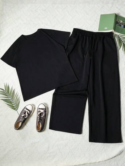 Set de 2 piezas de top de manga corta y pantalón de pierna recta de unicolor negro, para primavera/verano