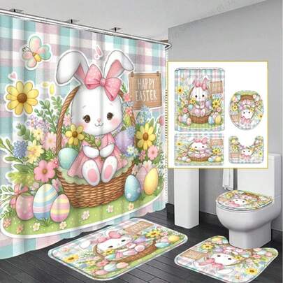 1pc/3pcs/4pcs Easter Shower Curtain, Waterproof Bathroom Divider Curtain With 12 Hooks, Non-Slip Bath Mat, U-Shaped Toilet Mat, Toilet Lid Cover, Decorative Bathroom Set