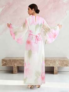 1 pieza Vestido de manga campana con cuello en V y estampado floral, vestido largo de manga larga para mujer para vacaciones, bodas, vacaciones, uso diario, fiestas de cumpleaños, primavera/verano - Blanco - Ver 5