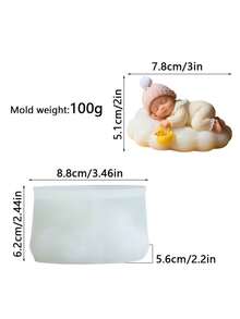 可爱睡娃云朵硅胶模具：造型温馨，展现了一个舒适熟睡的宝宝躺在点点云朵上，怀里抱着一只小鸭子。柔软逼真的质感散发着童趣和温暖。易于脱模，可重复使用。 - 白色 - 查看 7