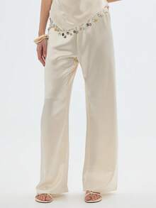 Women's Satin Silk Wide Leg Pants Low Waist Baggy Pants Lounge Bottoms Streetwear - 米色 - 查看 6