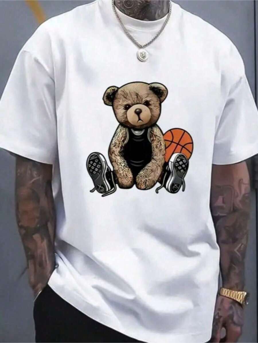 Men's Printed Bear Basketball T-Shirt, 100% Cotton, 30.1 Knit Fabric. - 白色 - 查看 1