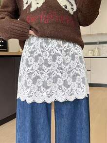 2件/1件 - 女士蕾丝底半身裙，带卫衣叠层和内衬，小梅花卫衣下摆蕾丝内衬裙，时尚百搭的遮羞布裙，蕾丝遮羞布半身裙，防眩光遮羞布外裙叠层时尚短裙。 - 彩色 - 查看 4