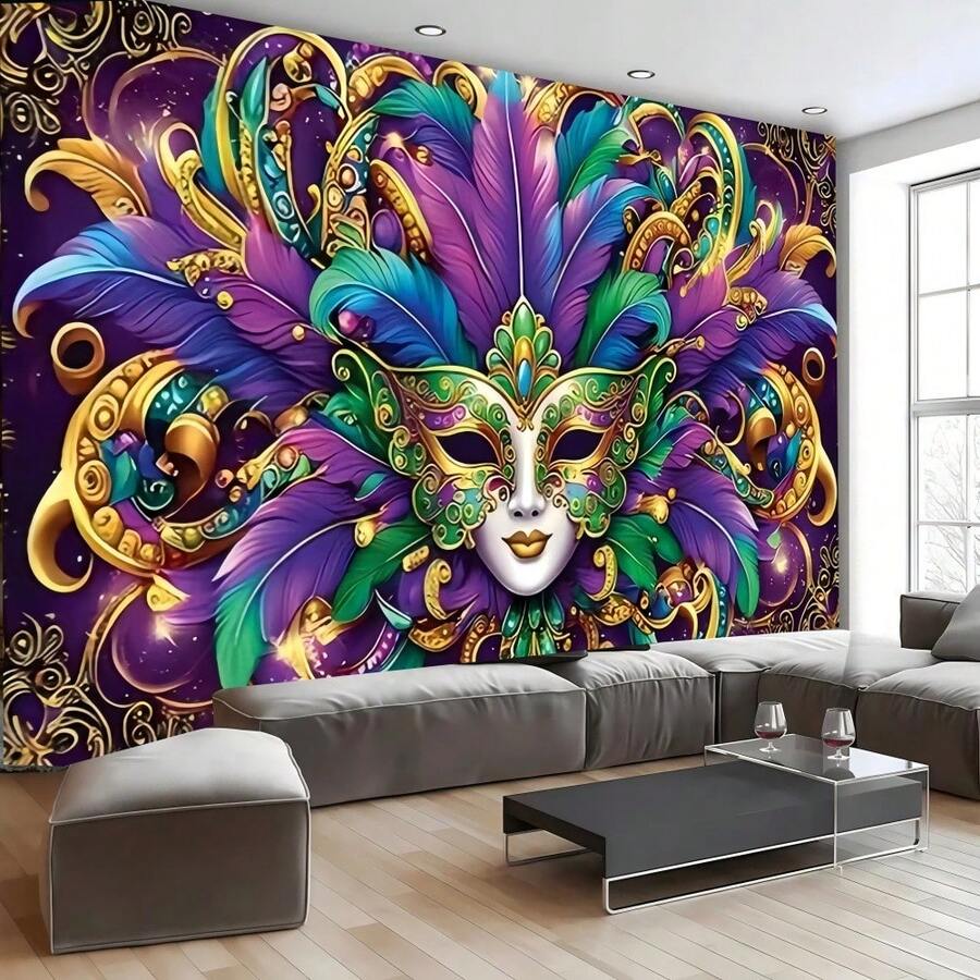 1pc 2D Flat Carnival Mask Background Banner, Polyester Fabric, Colorful Feather Mask Decor, For Carnival Party Decoration, Masquerade Ball, Stage Backdrop, Party Decor, Wall Decor, Home/Bedroom/Indoor/Outdoor Decor, Garden Decor, Photography Backdrop - Multicolor - View 1