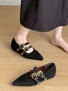 2026 New Black Versatile Color Block Pointed Toe Chunky Heel Pumps, Korean Version Metal Buckle Mid-Heel Mary Jane Shoes For Women - Black - View 11