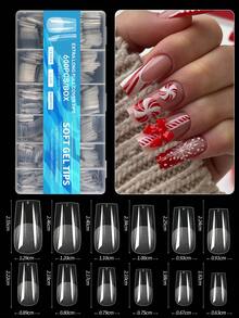 600pcs Square Almond Stiletto Coffin Shaped Artificial Full Cover Nail Stickers, Soft Transparent Gel Nail Stickers, 12 Sizes, Acrylic Square Press-On Nail Stickers