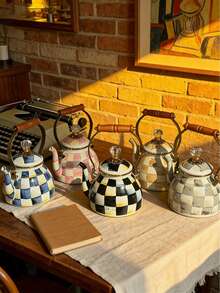 1pc Vintage Classic Plaid Wooden Handle Enamel Teapot, Cup, Large Capacity Straight Canister With Lid, Nordic Style Diamond Lid Large Capacity Kettle, Multipurpose High Temperature Resistant Kettle, Coffee Pot, Milk Tea Pot, Fruit Tea Pot, Unbreakable And Non-Stick Oil Pot, Back To School Supplies - Plaid - View 12