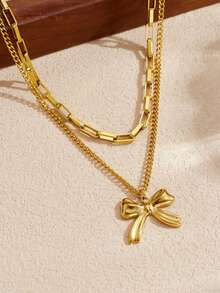 1 pieza de collar de joyería de acero inoxidable con colgante de luna, círculo de corazón blanco y negro, y cadena doble capa apilada con lazo de estilo elegante y sencillo chapado en oro - Blanco - Ver 8