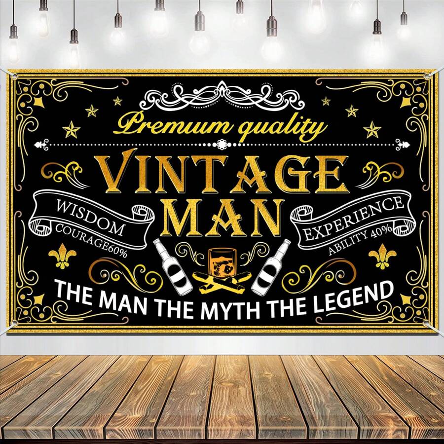 Ratoyal Vintage Man Birthday Backdrop, Black Gold Vintage Themed Happy Birthday Banner Sign, 30th 40th 50th 60th 70th 80th Men's Bday Photo Booth Background Cloth, Birthday Party Decorations Supplies For Men - Vàng - Xem 1