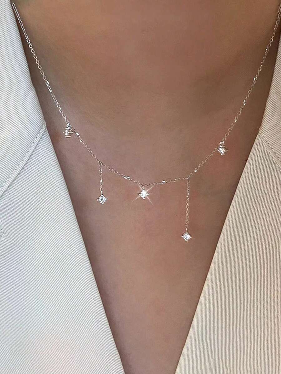 1 pièce Collier à gland ciel étoilé en zircone cubique en argent sterling S925, chaîne claviculaire minimaliste et élégante, cadeau de luxe pour femmes - étoiles - Voir 1