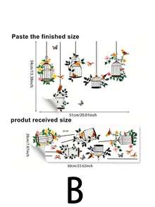 Bộ 1 miếng dán cửa sổ hình giỏ treo, lồng chim, bướm và hoa theo phong cách tối giản sáng tạo, trang trí phòng ngủ và phòng khách, trang trí tường, họa tiết chim và bướm mùa xuân. - Nhiều màu - Xem 2