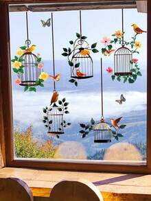 Bộ 1 miếng dán cửa sổ hình giỏ treo, lồng chim, bướm và hoa theo phong cách tối giản sáng tạo, trang trí phòng ngủ và phòng khách, trang trí tường, họa tiết chim và bướm mùa xuân. - Nhiều màu - Xem 4