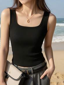 女士纯黑色修身罗纹背心 - U 领无袖 T 恤，柔软舒适，休闲日常穿着
