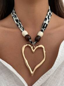 2pcs/Set Bohemian CCB Beaded Fabric Leopard Print Choker Necklace With Heart Pendant, Luxurious & Elegant, Suitable For Vacation, Party, Wedding, Casual Wear, Street Style, Women & Couples, Holiday & Birthday Gift - Necklace - View 5