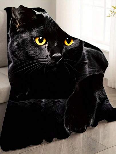 Flannel Black Cat Print Soft Plush Cozy Warm All-Season Throw Blanket