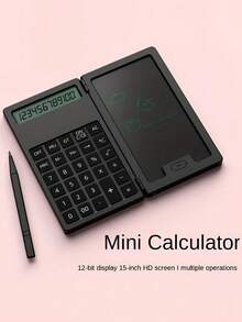 Calculadora plegable 2 en 1 con pequeña tableta de escritura, pantalla LCD de 12 dígitos, batería de botón, calculadora mini portátil para estudiantes y oficina, trazos de escritura con luz tenue normal, solo para notas rápidas temporales, vuelta al colegio - Calculadora C4-mini, versión de escritura a mano (modelo M) - Ver 8