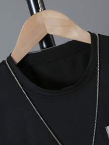 2 Stücke Jungen Lässig Kontrast Farbe Tasche Kurzarm T-Shirt und Kontrast Farbe Patchwork Cargo Shorts Set, Frühling/Sommer - Schwarz - Übersicht 3