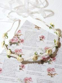 Diadema con cinta de rosa romántica para mujer, accesorio de cabello dulce y lindo con flor de perlas falsas, diadema con flor de rosa etérea - Multicolor A - Ver 13