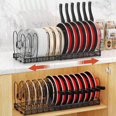Housolution 2 Pack Pot And Pan Organizer Rack 12"-23" Expandable Pot Lid Organizer With 14 Adjustable Dividers Pan Holder Storage Rack For Kitchen Cabinet Black