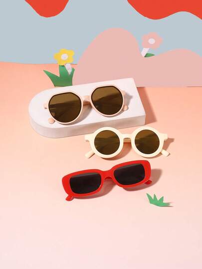 一套3副，男女童（3-8岁）聚碳酸酯方形/多边形/圆形镜框时尚个性眼镜，适合户外派对等场合，带眼镜盒