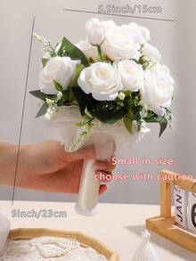 10英寸心形水晶新娘捧花，蕾丝蝴蝶结丝绸玫瑰婚礼仪式道具，毕业舞会礼物