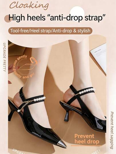 A Pair Of Pearl High-Heeled Sandals With Anti-Slip Shoe Chain Laces, Comfortable And Suitable For Women. Lazy-Fix Buckle Straps Prevent Shoes From Slipping, Easy-To-Install Faux Pearl Sequin Chain Laces, Designed For High Heels - No-Tie Design With Anti-Slip Elastic Band