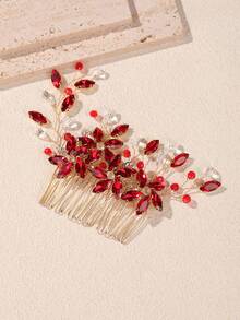 1pc Crystal & Rhinestone Decor Bridal/Bridesmaid Hair Comb, Elegant Hair Accessory For Wedding, Banquet, Party - Red - View 8
