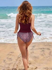 Chic Ribbed Tankini Set With Floral Print Bottoms - High Stretch, Non-Transparent, Machine Washable - Women's Fashion Swimwear - Burgundy - View 5