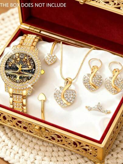 6pcs Gorgeous Luxury Women's Quartz Watch And Silver Jewelry Set (Including A Fully Studded Metal Strap Roman Numeral Dial Quartz Watch, Heart-Shaped Rhinestone Bracelet, Necklace, Earrings, And Ring),