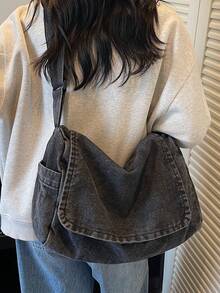 复古美式极简水洗厚款深灰色帆布包，多功能大容量斜挎包，休闲大学生单肩包，可折叠拉链翻盖手提包，街头风斜挎包 - 深灰色 - 查看 3