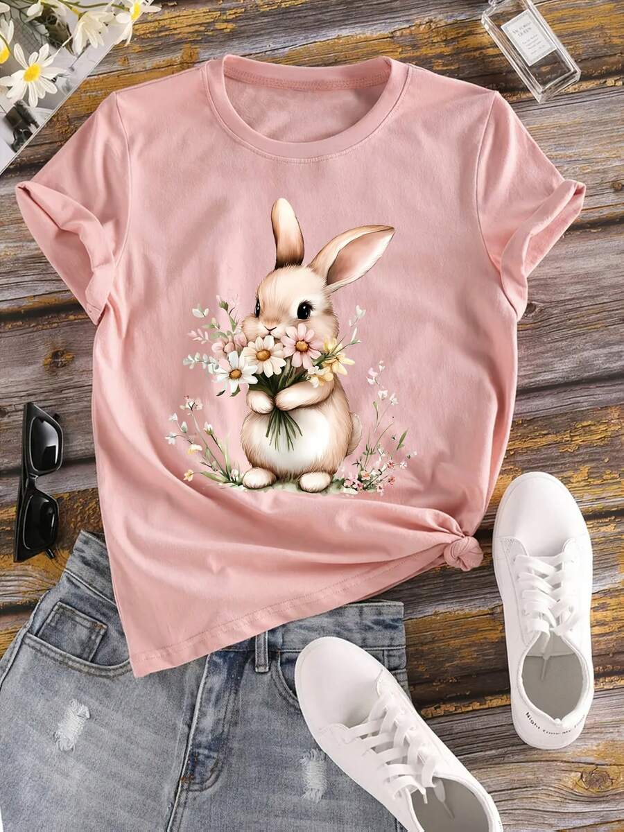 Women's Easter Bunny Pattern T-Shirt, 100% Polyester Knit Fabric, Spring/Summer Casual Round-Neck Short-Sleeve Top - Pink - View 1