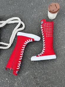 OPOEE Children Long Shaft Canvas Shoes, Lace‑Up Knee‑High Boots With Inner Zipper, Comfort Wear‑Resistant Sole For Little Girls Riveted Canvas Shoes Street - Red - View 3