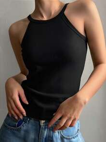 1pc Women's Basic Camisole Top, Casual Comfortable Spaghetti Strap Sleeveless Vest, Slim Fit Ribbed Seamless Cami - Black - View 7