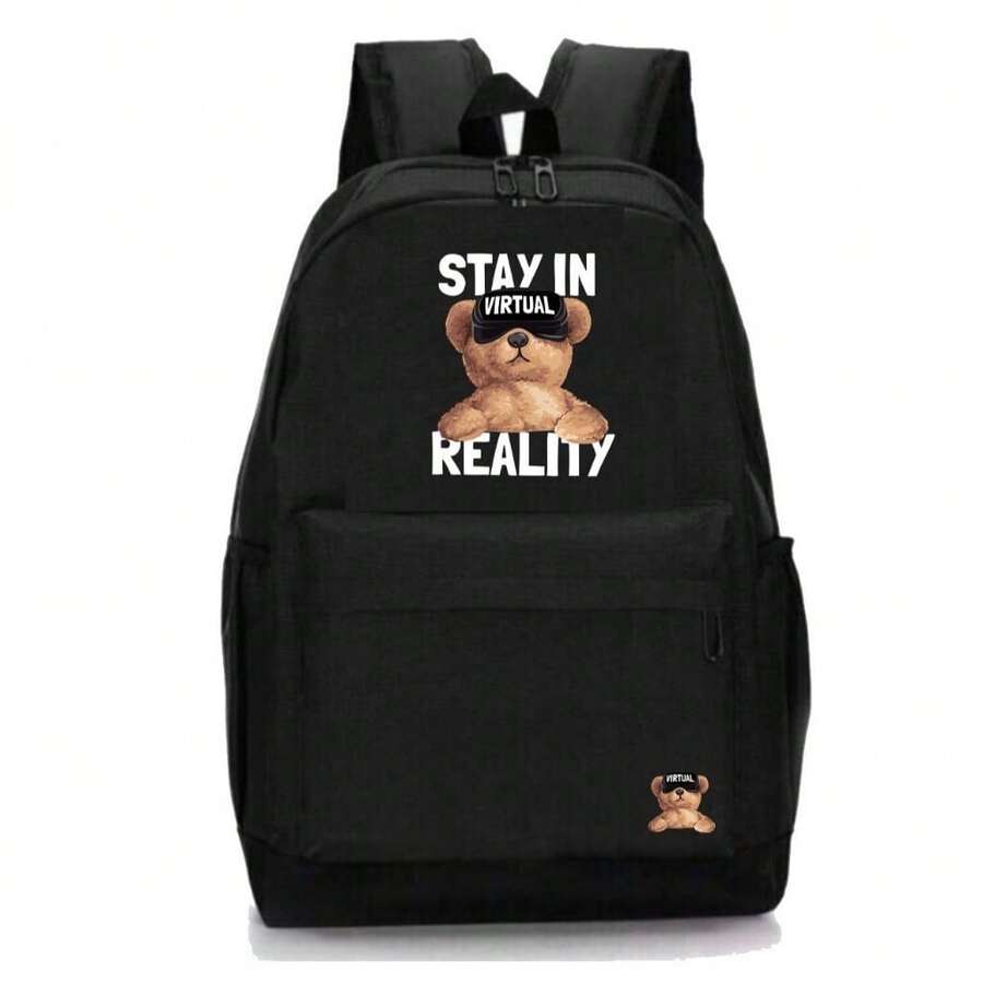Mochila Escolar Espaçosa Estampa Urso Bolsa Resistente Moda Urbana - Preto - Visão 1