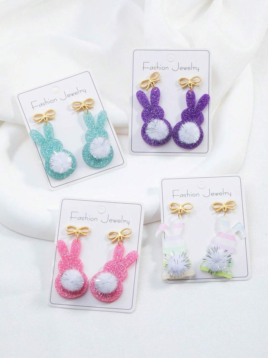Đôi bông tai hình thỏ dễ thương bằng acrylic lấp lánh, kèm đuôi bông xù, dành cho lễ Phục sinh. - phong cách 1 - Xem 1