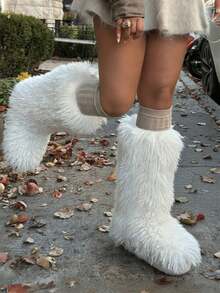 Women's Winter Knee High Boots Pull-On Faux Fur Round Toe Strap Boots For Women Comfy Plush Warm Outdoor Indoor Flat Shoes Punk Party Dressy Furry Fluffy Winter Autumn Fall Boots - 米色 - 查看 6