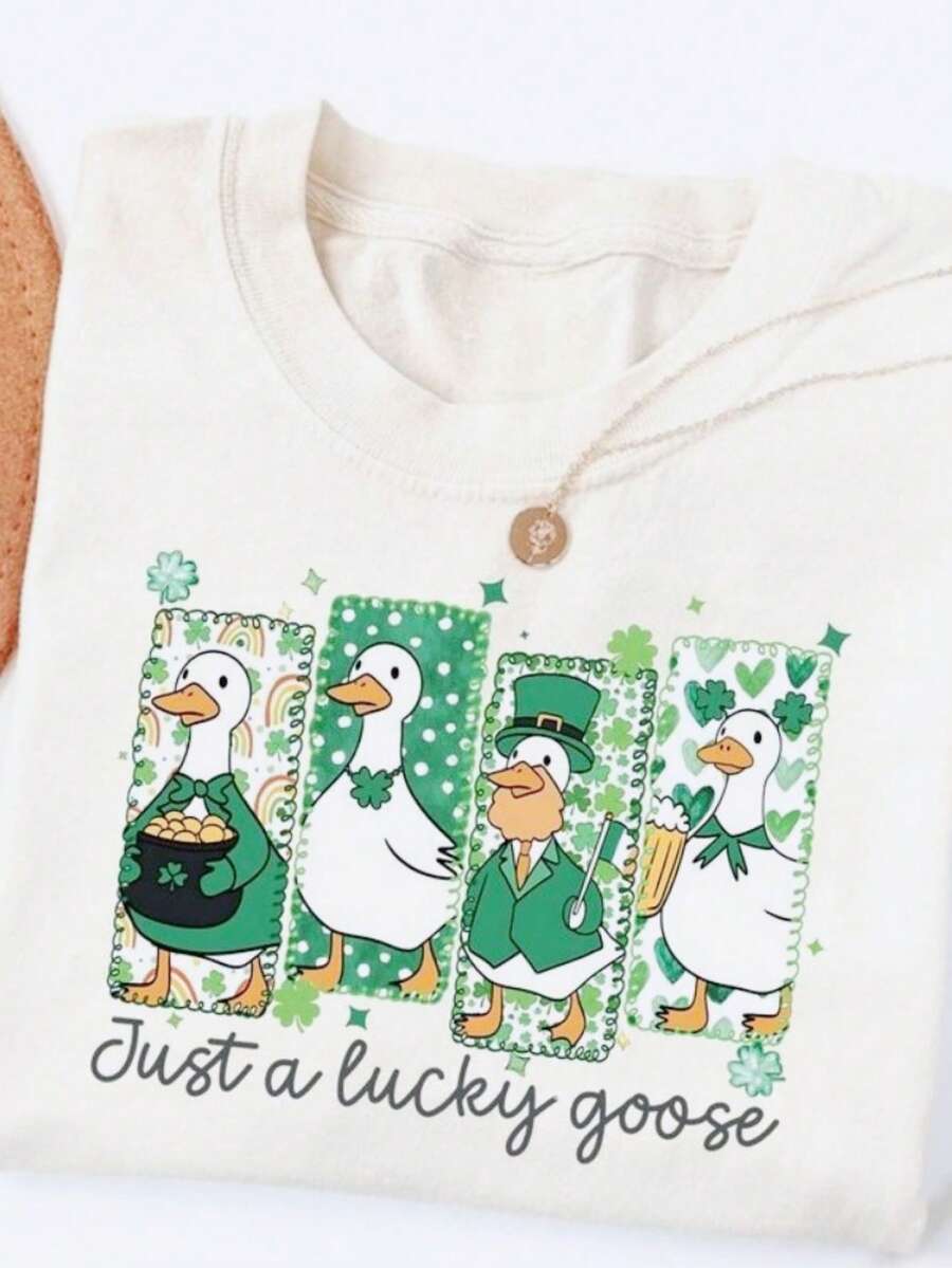Women's Pure Cotton T-Shirt, Fun Prints, St Patrick's Day T-Shirt, Cute St Patrick's Tshirt, Funny St Patrick Goose Tee, Holiday Goose Top, Festive Apparel, Irish Gift,Vacation Outfits Women,Mardi Gras Outfit Women ,Summer Outfits - 白色 - 查看 1