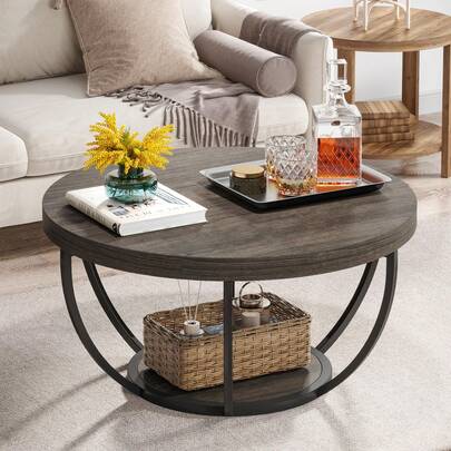 Tribesigns Round Coffee Table, Industrial 2-Tier Circle Coffee Table With Storage Shelves, Modern Wooden Accent Center Table Sofa Side Table For Living Room, Grey