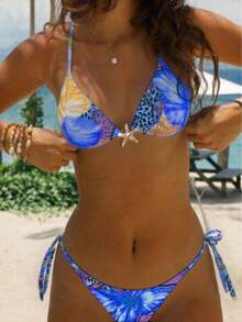 Swim Vacation Cute Summer 2pcs Halter Random Floral Print Metal Starfish Decor & High Cut Bottoms Bikini Set, Beach Vacation - Leopard - View 1