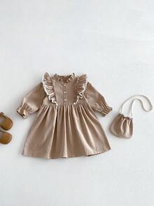 1 chiếc đầm dài tay cổ bẻ dáng rộng phong cách retro thường ngày dành cho bé gái, thích hợp mặc đi học. - Màu Khaki - Xem 5