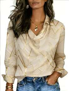 HODE Women's Formal Blouse, Geometric Elegant Daily High Collar Work Shirt, Pleated Design, Suitable For Spring, Autumn, Winter, Party, Available In Yellow, Red, Blue - Apricot - View 3