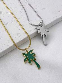 One Stainless Steel 18K Gold Plated Fashionable Cactus Pendant Necklace In Green, Suitable For Men And Women Vacation Accessories - Gold - View 11