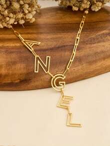 1pc Personalized Nameplate Necklace, Can Customize 1-12 Letter Name, Standard Y-Shape Nameplate Necklace, Enhance Personal Style Jewelry Gift, Gold-Plated Name Necklace - Hollow Font - View 8