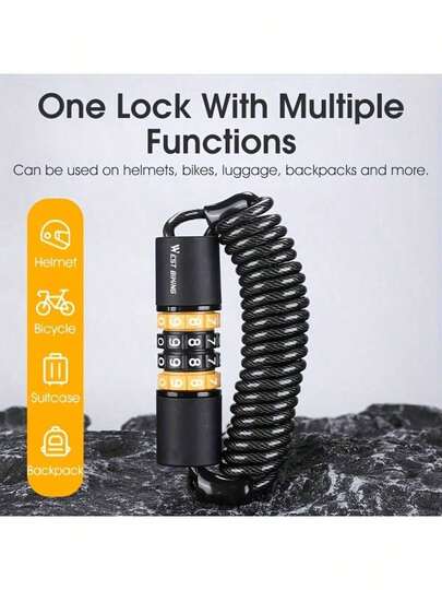 1个西部风格自行车四位密码锁，便携式迷你自行车头盔锁，带防盗密码，耐用金属丝设计，坚固钢缆自行车锁，自行车配件