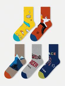 1/5 Pairs Unisex Cartoon Skateboard, Bicycle, Racing Car Graphic, Letter, Mountain Print Artistic Design Combed Cotton Crew Socks, Suitable For Travel, Home, Office, Holiday Gifts - Multicolor - View 1