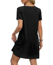 Ladies' Print V-Neck Casual Relaxed And Comfortable Dress For Summer, Short Sleeve Casual Loose T Shirt Sundress Beach Cover Ups With Pockets. L-2XL - 黑色 - 查看 4
