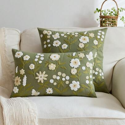 1pc Green Spring Floral Embroidered Throw Pillow Cover, Butterfly & Wildflower Pillow Sham For Indoor Decor, Suitable For All Seasons, Pillow Insert Not Included