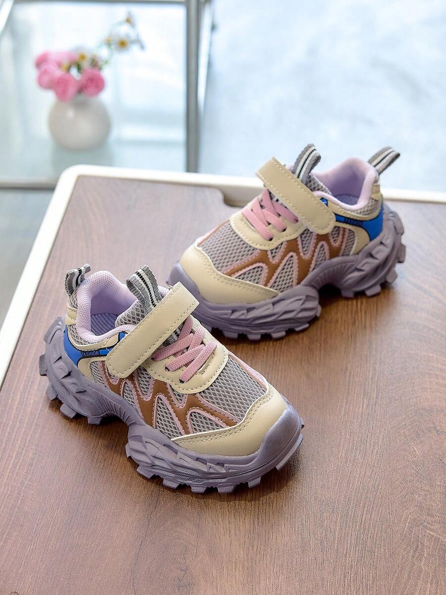 1双儿童厚底运动鞋，透气网面鞋面，魔术贴搭扣，轻便休闲幼儿鞋 - 紫色 - 查看 1