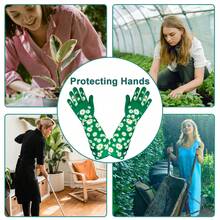 1 Pair Long Gardening Gloves With Breathable & Puncture-Resistant Fabric, Floral Print, Suitable For All Seasons - Green - View 8