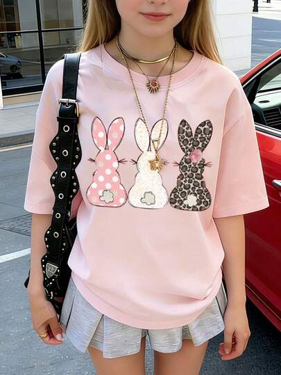 1pc Easter Bunny Print Short Sleeve T-Shirt, Tween Girl , Student Youth Apparel, Summer For Tween Girl Preparing To Play